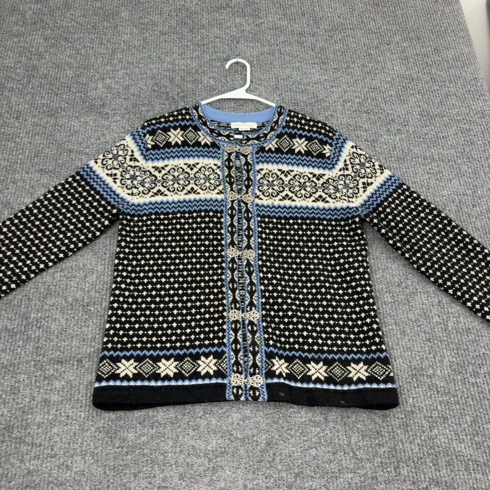 Vintage Susan Bristol Cardigan Womens M Black Wool Nordic Fair Isle Clasp Retro